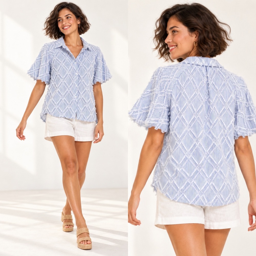 Ali Miles Button Up Shirt Large Blue White Stripe Frayed Diamond Short Sleeve